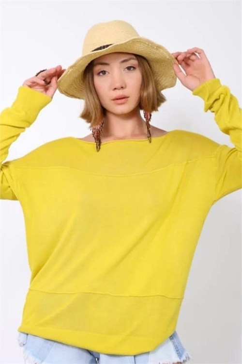 Wholesale Womens Yellow Fine Knit Sweater with Boat Neck and Drop Shoulders