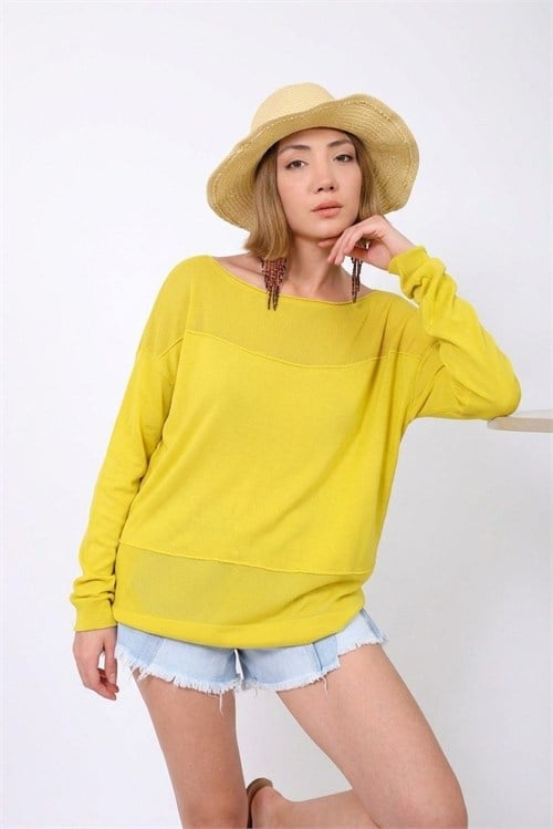 Wholesale Womens Yellow Fine Knit Sweater with Boat Neck and Drop Shoulders
