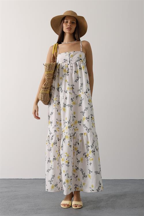Wholesale Womens Yellow Floral Empire-Waist Tiered Maxi Sundress