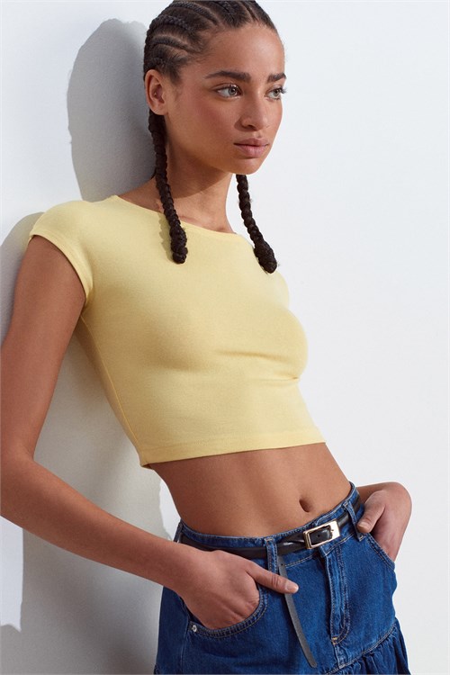 Wholesale Womens Yellow Modal-Cotton Cropped T-Shirt
