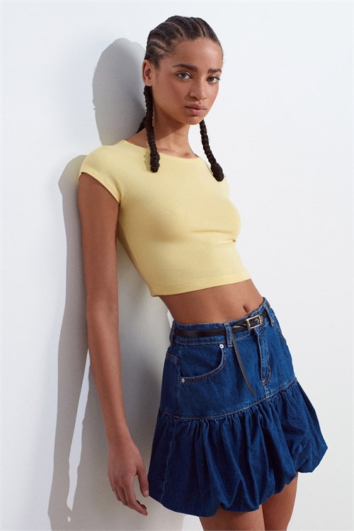 Wholesale Womens Yellow Modal-Cotton Cropped T-Shirt