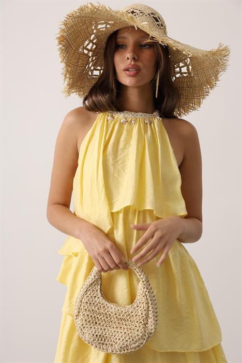 Wholesale Womens Yellow Sleeveless Layered Dress with Collar Detail