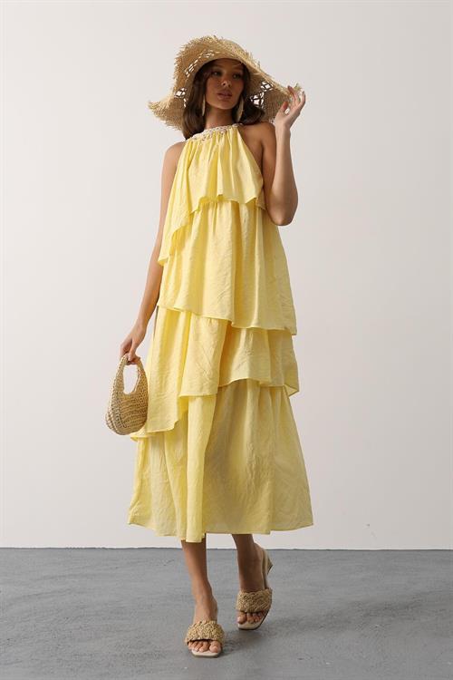 Wholesale Womens Yellow Sleeveless Layered Dress with Collar Detail