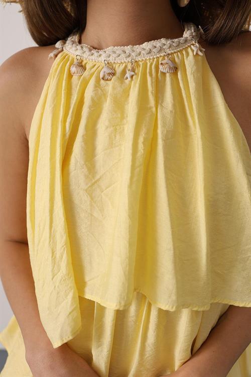 Wholesale Womens Yellow Sleeveless Layered Dress with Collar Detail