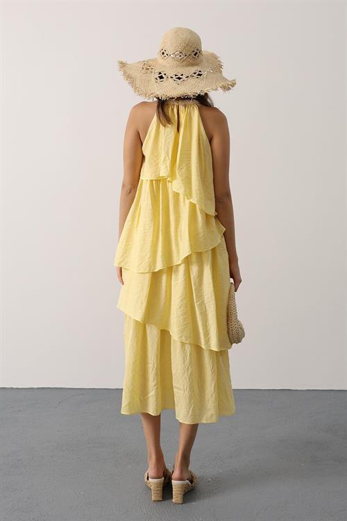 Wholesale Womens Yellow Sleeveless Layered Dress with Collar Detail
