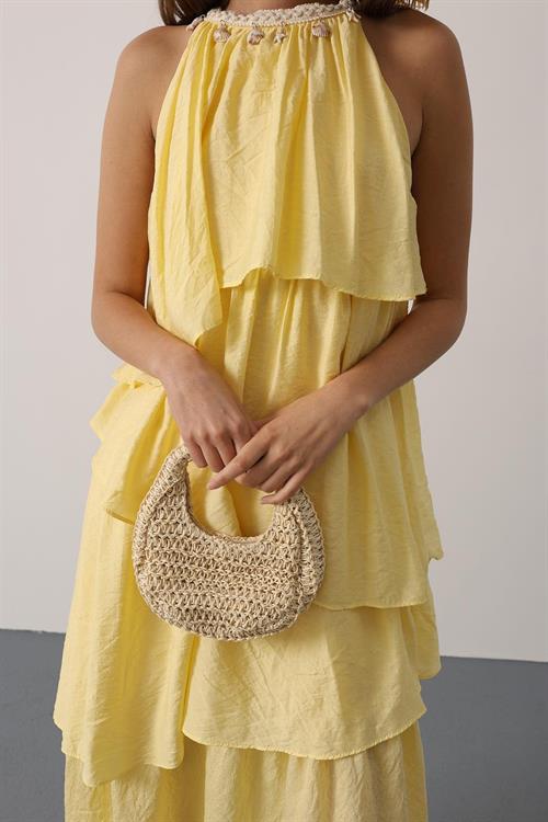 Wholesale Womens Yellow Sleeveless Layered Dress with Collar Detail