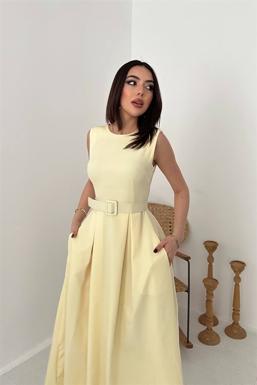 Wholesale Yellow Flared Dress with Matching Belt