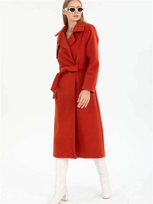 Women coat with belt wholesale Brick Red color