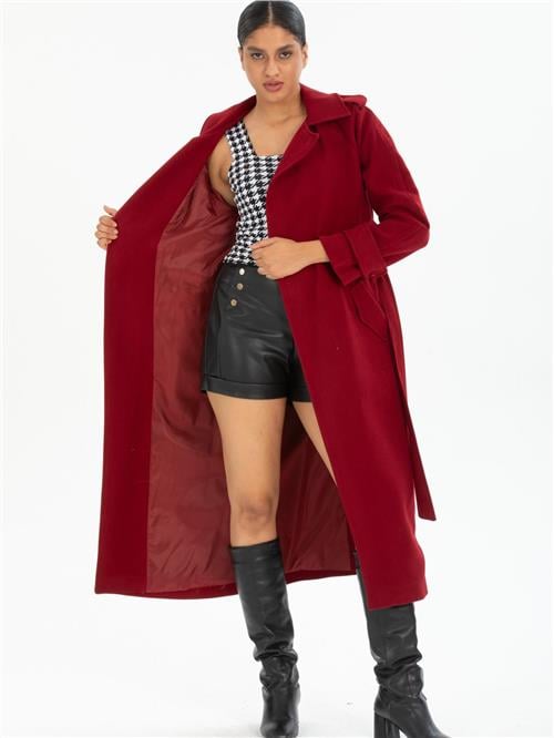 Women coat with belt wholesale Burgundy color