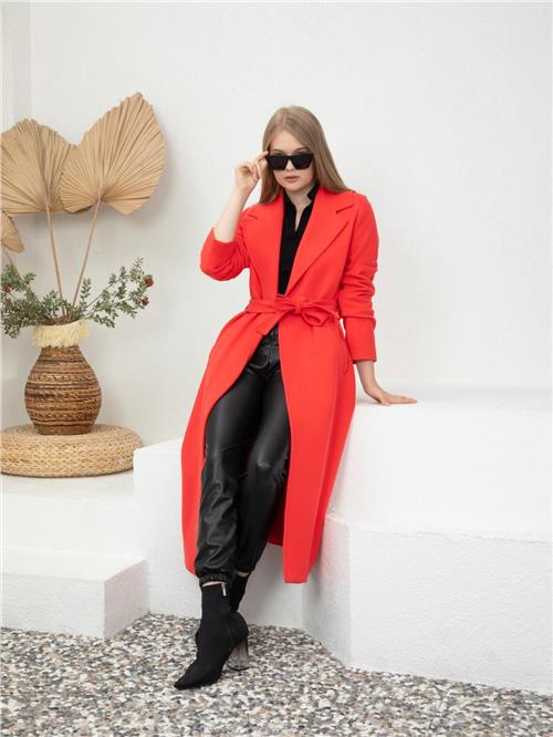 Women Coat With Belt Wholesale Coral Color