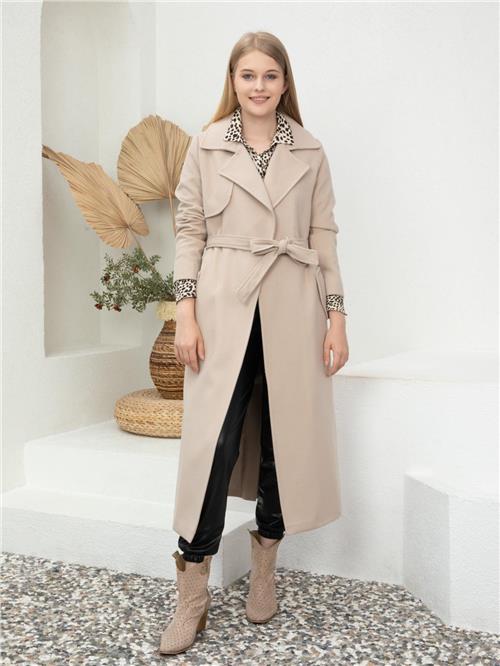 Women Coat With Belt Wholesale Cream Color