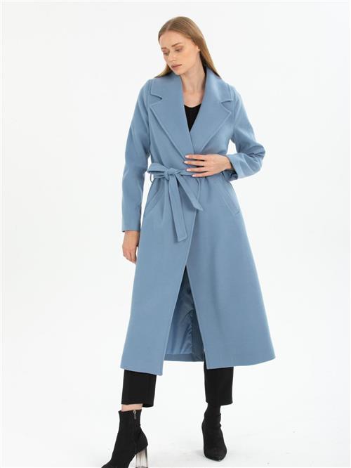 Women coat with belt wholesale Light İndigo Blue color