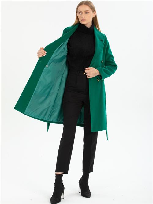 Women four-button coat with belt wholesale Green color