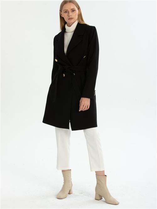 Women four-button coat with belt wholesale Black color