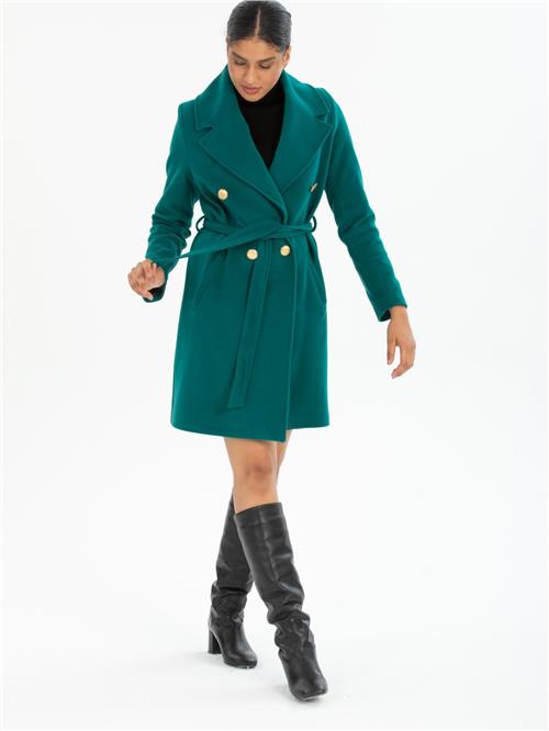 Women four-button coat with belt wholesale Petrol color