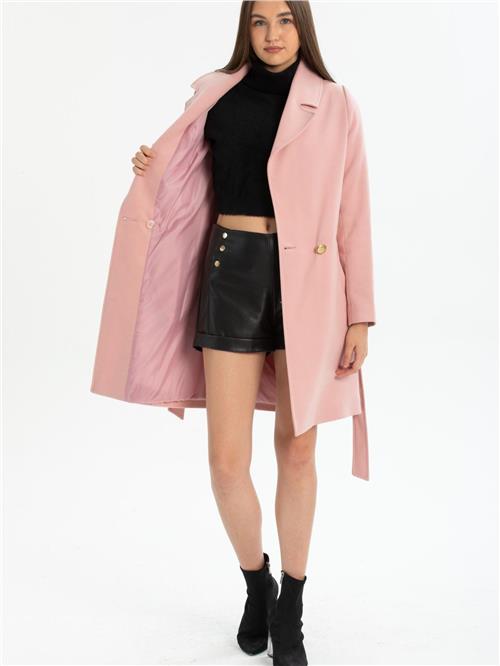 Women four-button coat with belt wholesale Baby Pink color