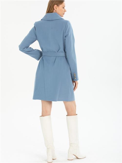 Women four-button coat with belt wholesale Light Blue color