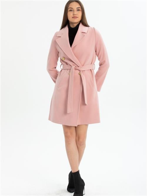Women four-button coat with belt wholesale Baby Pink color