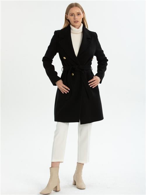 Women four-button coat with belt wholesale Black color