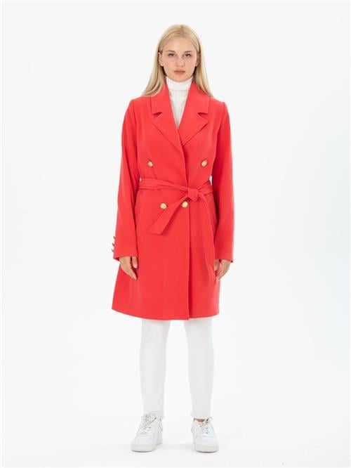 Women Four-Button Coat With Belt Wholesale Coral Color