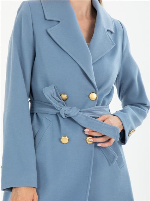 Women four-button coat with belt wholesale Light Blue color