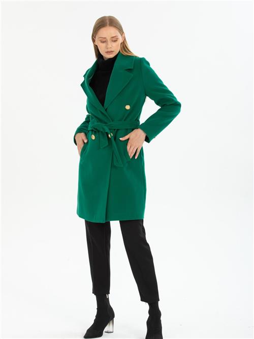 Women four-button coat with belt wholesale Green color