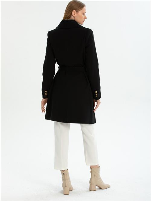 Women four-button coat with belt wholesale Black color