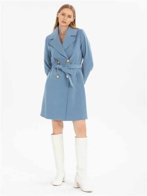 Women four-button coat with belt wholesale Light Blue color