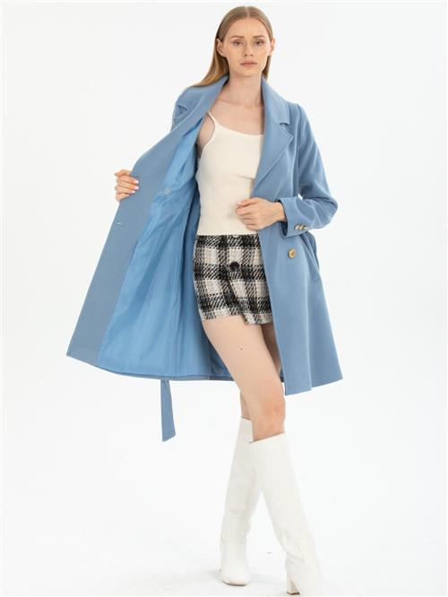 Women four-button coat with belt wholesale Light Blue color