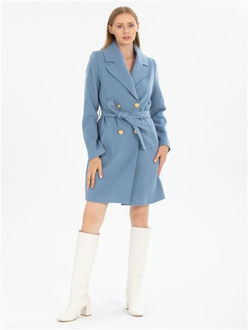 Women four-button coat with belt wholesale Light Blue color