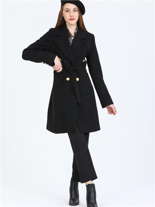 Women Four-Button Coat With Belt Wholesale Black Color