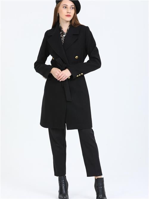 Women Four-Button Coat With Belt Wholesale Black Color