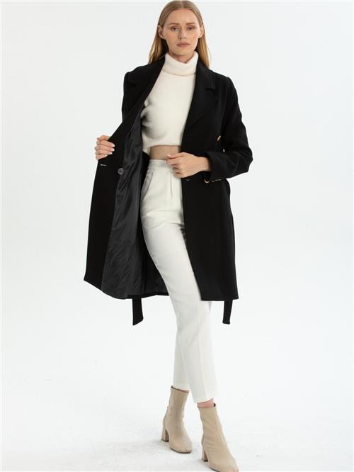 Women four-button coat with belt wholesale Black color