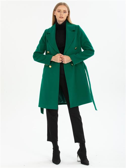 Women four-button coat with belt wholesale Green color