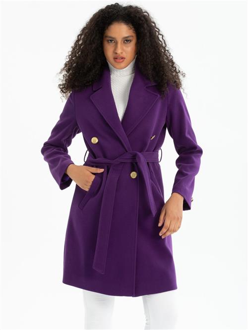 Women four-buttons coat with belt wholesale Purple color