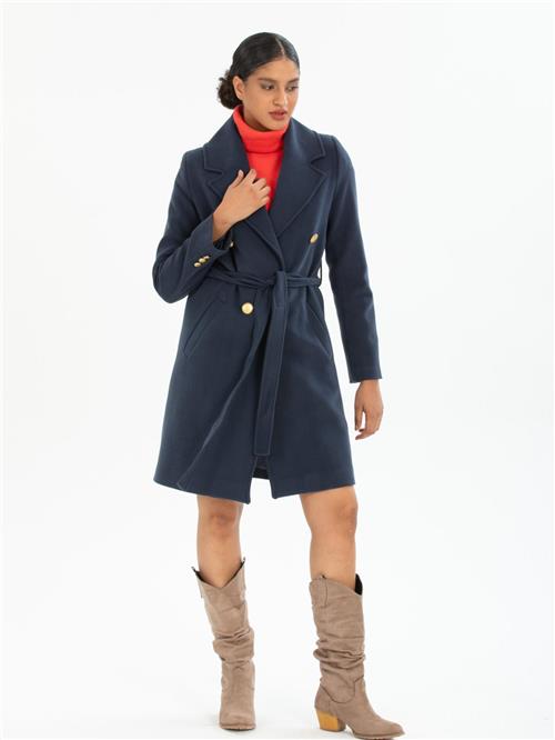Women four-buttons coat with belt wholesale Navy color