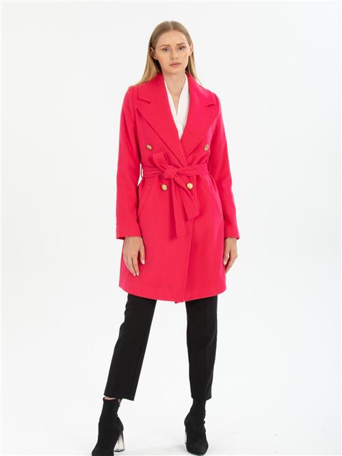 Women four-buttons coat with belt wholesale Fucshia color