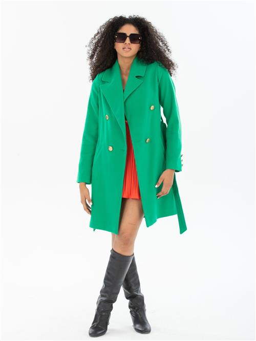 Women four-buttons coat with belt wholesale Green color