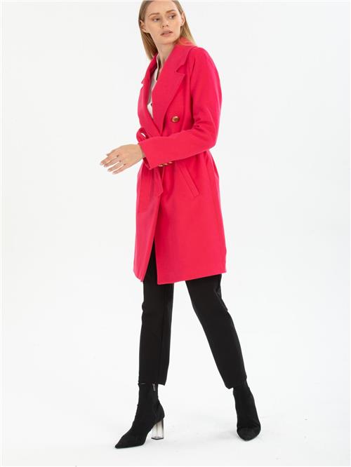 Women four-buttons coat with belt wholesale Fucshia color