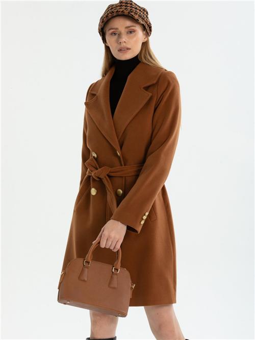 Women four-buttons coat with belt wholesale Camel color