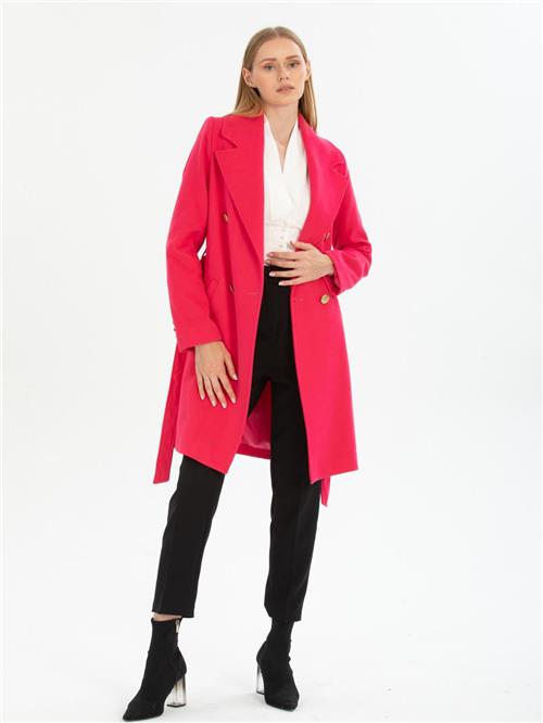 Women four-buttons coat with belt wholesale Fucshia color
