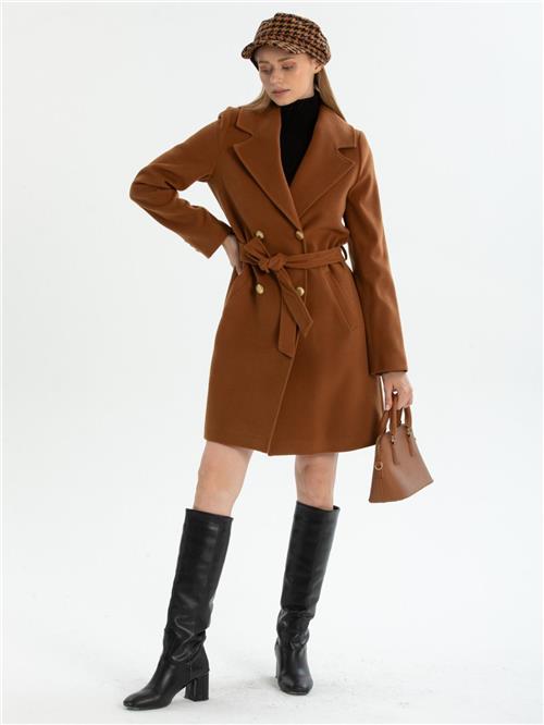 Women four-buttons coat with belt wholesale Camel color