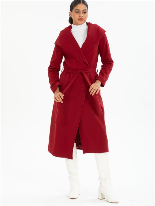 Women hooded coat with belt wholesale Burgundy color