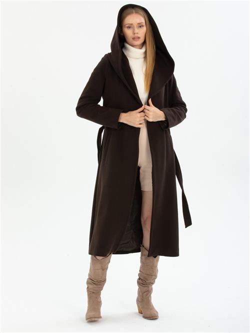 Women hooded coat with belt wholesale Dark Brown color