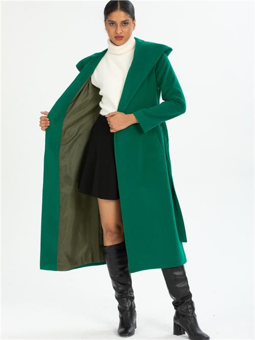 Women hooded coat with belt wholesale Green color