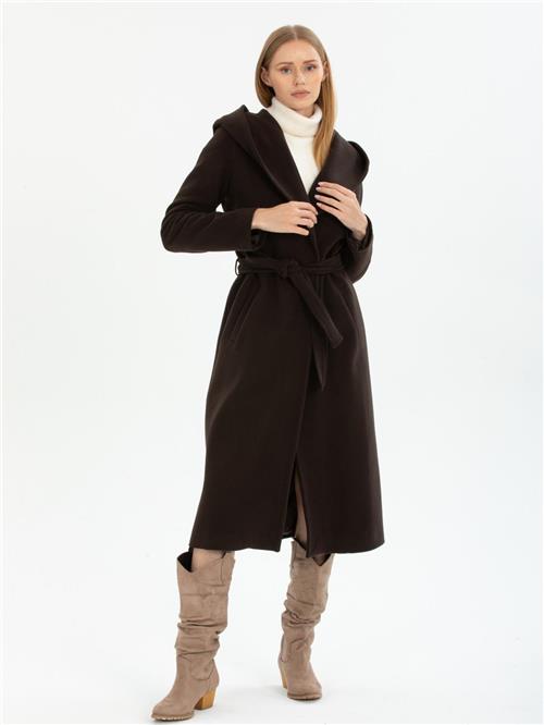Women hooded coat with belt wholesale Dark Brown color