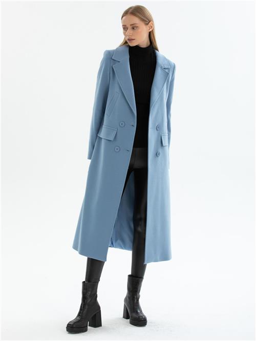Women hooded coat with belt wholesale Light İndigo color
