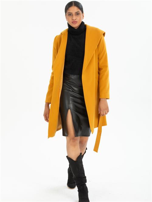 Women hooded coat with belt wholesale Mustard color