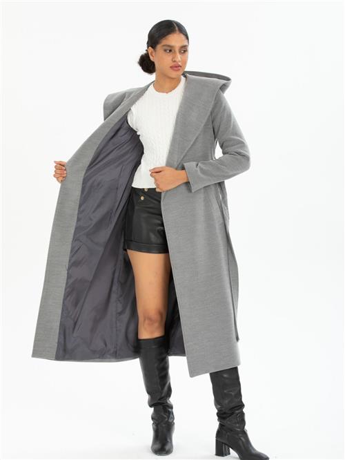 Women hooded coat with belt wholesale Gray color