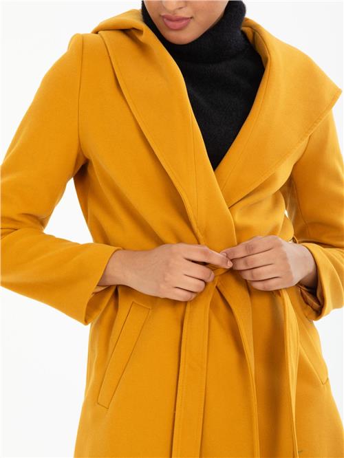 Women hooded coat with belt wholesale Mustard color